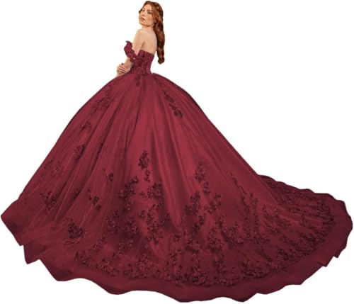 Fuomomo Quinceanera-Kleider Sweet 15 16 Ballkleid 3D-Blumen schulterfrei, Prinzessin Perlenspitze Quinceanera-Kleider MT031 von Fuomomo