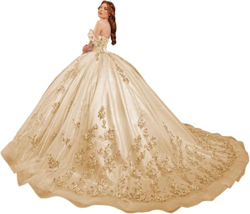 Fuomomo Quinceanera-Kleider Sweet 15 16 Ballkleid 3D-Blumen schulterfrei, Prinzessin Perlenspitze Quinceanera-Kleider MT031 von Fuomomo