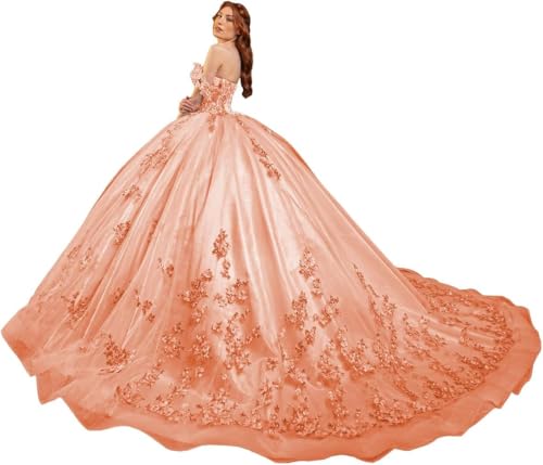 Fuomomo Quinceanera-Kleider Sweet 15 16 Ballkleid 3D-Blumen schulterfrei, Prinzessin Perlenspitze Quinceanera-Kleider MT031 von Fuomomo