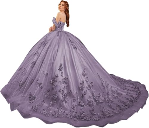 Fuomomo Quinceanera-Kleider Sweet 15 16 Ballkleid 3D-Blumen schulterfrei, Prinzessin Perlenspitze Quinceanera-Kleider MT031 von Fuomomo