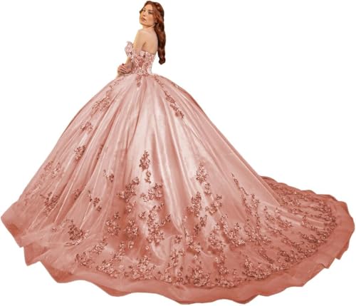 Fuomomo Quinceanera-Kleider Sweet 15 16 Ballkleid 3D-Blumen schulterfrei, Prinzessin Perlenspitze Quinceanera-Kleider MT031 von Fuomomo