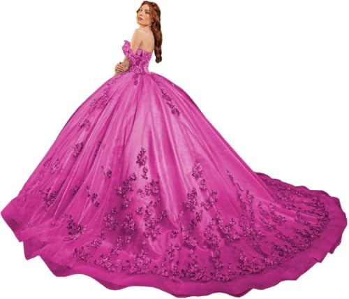 Fuomomo Quinceanera-Kleider Sweet 15 16 Ballkleid 3D-Blumen schulterfrei, Prinzessin Perlenspitze Quinceanera-Kleider MT031 von Fuomomo