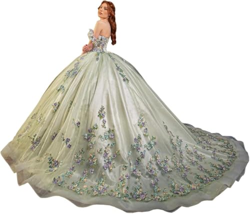 Fuomomo Quinceanera-Kleider Sweet 15 16 Ballkleid 3D-Blumen schulterfrei, Prinzessin Perlenspitze Quinceanera-Kleider MT031 von Fuomomo