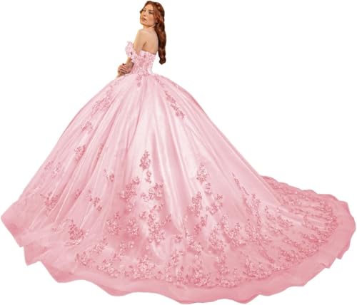 Fuomomo Quinceanera-Kleider Sweet 15 16 Ballkleid 3D-Blumen schulterfrei, Prinzessin Perlenspitze Quinceanera-Kleider MT031 von Fuomomo