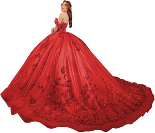 Fuomomo Quinceanera-Kleider Sweet 15 16 Ballkleid 3D-Blumen schulterfrei, Prinzessin Perlenspitze Quinceanera-Kleider MT031 von Fuomomo