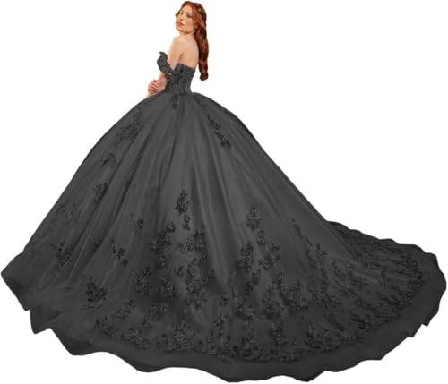 Fuomomo Quinceanera-Kleider Sweet 15 16 Ballkleid 3D-Blumen schulterfrei, Prinzessin Perlenspitze Quinceanera-Kleider MT031 von Fuomomo