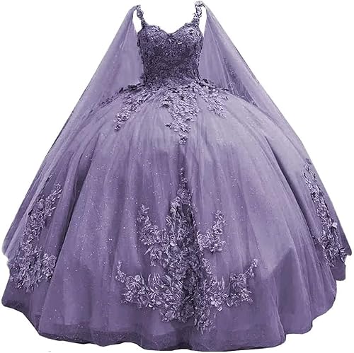 Fuomomo Quinceanera-Kleider mit Spaghettiträgern Ballkleid mit Umhang Prinzessin Sweet 15 16 Kleider Ballkleider mit Perlenspitze von Fuomomo