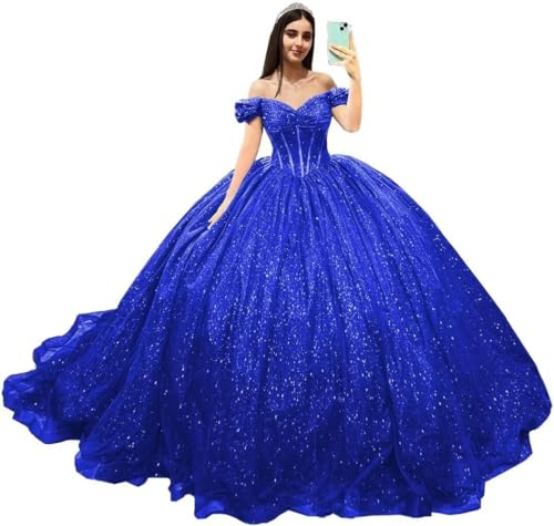 Fuomomo Schulterfreie Quinceanera-Kleider aus glitzerndem Tüll Puffy Plissee Ballkleider Ballkleider Süße 16 Kleider mit Schleppe von Fuomomo