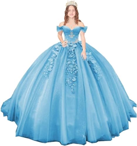 Fuomomo Schulterfreie Quinceanera-Kleider mit Schleppe Ballkleider mit Spitzenapplikation Glitzernde Sweet-16-Kleider aus Tüll von Fuomomo