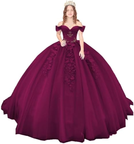 Fuomomo Schulterfreie Quinceanera-Kleider mit Schleppe Ballkleider mit Spitzenapplikation Glitzernde Sweet-16-Kleider aus Tüll von Fuomomo