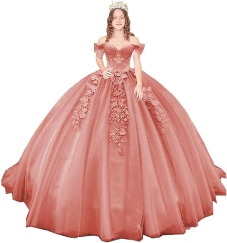 Fuomomo Schulterfreie Quinceanera-Kleider mit Schleppe Ballkleider mit Spitzenapplikation Glitzernde Sweet-16-Kleider aus Tüll von Fuomomo