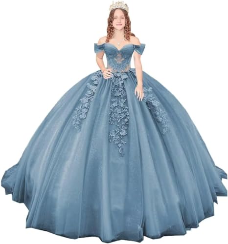 Fuomomo Schulterfreie Quinceanera-Kleider mit Schleppe Ballkleider mit Spitzenapplikation Glitzernde Sweet-16-Kleider aus Tüll von Fuomomo