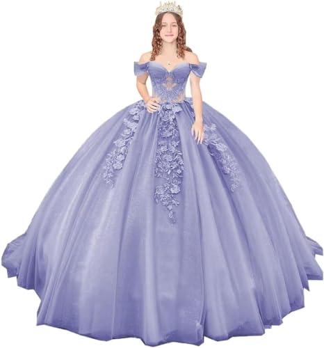 Fuomomo Schulterfreie Quinceanera-Kleider mit Schleppe Ballkleider mit Spitzenapplikation Glitzernde Sweet-16-Kleider aus Tüll von Fuomomo