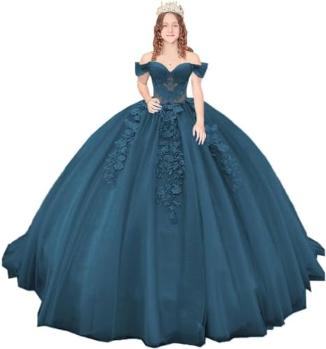 Fuomomo Schulterfreie Quinceanera-Kleider mit Schleppe Ballkleider mit Spitzenapplikation Glitzernde Sweet-16-Kleider aus Tüll von Fuomomo