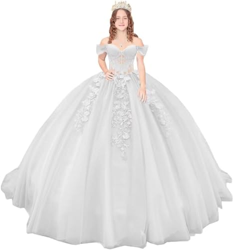 Fuomomo Schulterfreie Quinceanera-Kleider mit Schleppe Ballkleider mit Spitzenapplikation Glitzernde Sweet-16-Kleider aus Tüll von Fuomomo