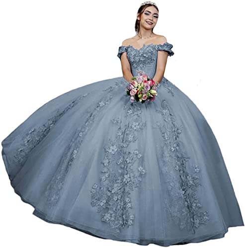 Fuomomo Schulterfreie Quinceanera Spitzenkleider Ballkleid Puffy 3D Blumen Abschlussballkleid Prinzessin Geburtstagskleid von Fuomomo