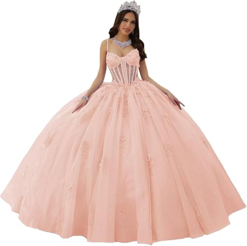 Fuomomo Spaghettiträger Quinceanera-Kleider Herzförmiger Ausschnitt Quinceanera-Kleider Spitzenapplikationen glitzernde Tüllkleider für Teenager MT041 von Fuomomo