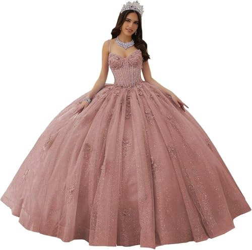 Fuomomo Spaghettiträger Quinceanera-Kleider Herzförmiger Ausschnitt Quinceanera-Kleider Spitzenapplikationen glitzernde Tüllkleider für Teenager MT041 von Fuomomo