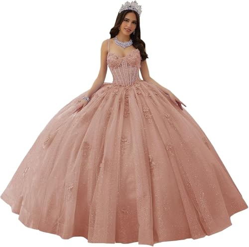 Fuomomo Spaghettiträger Quinceanera-Kleider Herzförmiger Ausschnitt Quinceanera-Kleider Spitzenapplikationen glitzernde Tüllkleider für Teenager MT041 von Fuomomo