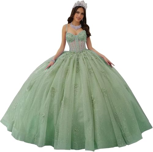 Fuomomo Spaghettiträger Quinceanera-Kleider Herzförmiger Ausschnitt Quinceanera-Kleider Spitzenapplikationen glitzernde Tüllkleider für Teenager MT041 von Fuomomo