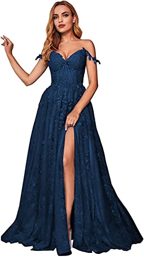 Fuomomo Spitzenapplikationen Tüll Ballkleider lang mit Schlitz Ballkleider für Teenager mit Spaghettiträgern für Damen Formelles Partykleid von Fuomomo