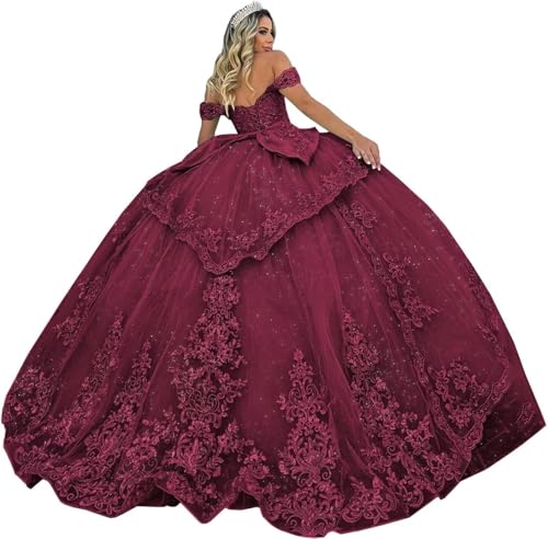 Fuomomo Tüll Quinceanera Kleider Ballkleid Glitzernde Spitzenapplikationen Quinceanera Kleider Schulterfrei Ballkleid Prinzessin Langes Partykleid MT038 von Fuomomo