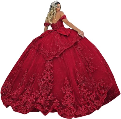 Fuomomo Tüll Quinceanera Kleider Ballkleid Glitzernde Spitzenapplikationen Quinceanera Kleider Schulterfrei Ballkleid Prinzessin Langes Partykleid MT038 von Fuomomo
