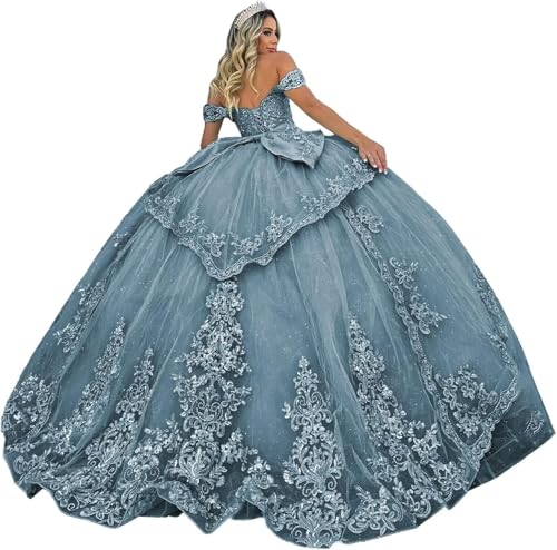 Fuomomo Tüll Quinceanera Kleider Ballkleid Glitzernde Spitzenapplikationen Quinceanera Kleider Schulterfrei Ballkleid Prinzessin Langes Partykleid MT038 von Fuomomo