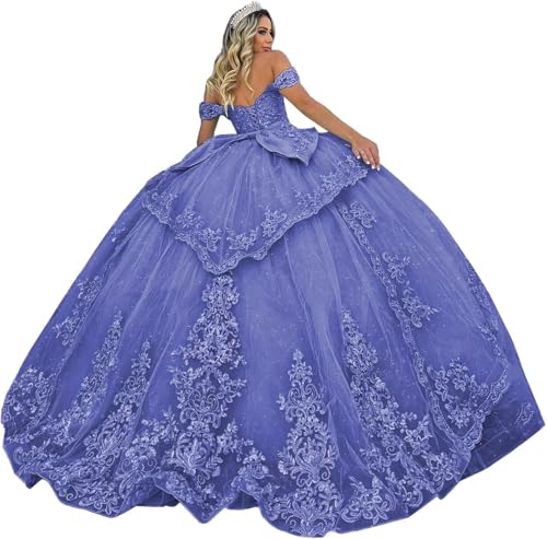 Fuomomo Tüll Quinceanera Kleider Ballkleid Glitzernde Spitzenapplikationen Quinceanera Kleider Schulterfrei Ballkleid Prinzessin Langes Partykleid MT038 von Fuomomo