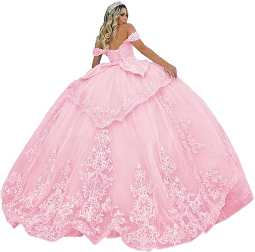 Fuomomo Tüll Quinceanera Kleider Ballkleid Glitzernde Spitzenapplikationen Quinceanera Kleider Schulterfrei Ballkleid Prinzessin Langes Partykleid MT038 von Fuomomo