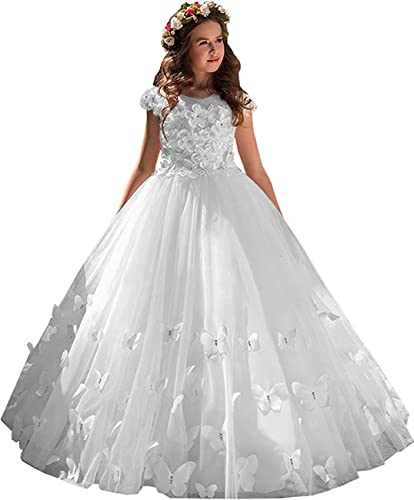 Fuomomo Weiß Blumenmädchenkleid Kinder Tüll Pageant Ballkleider Erstkommunion Kleid Prinzessin Kleid 2-14 Jahre, Weiß, 03 von Fuomomo