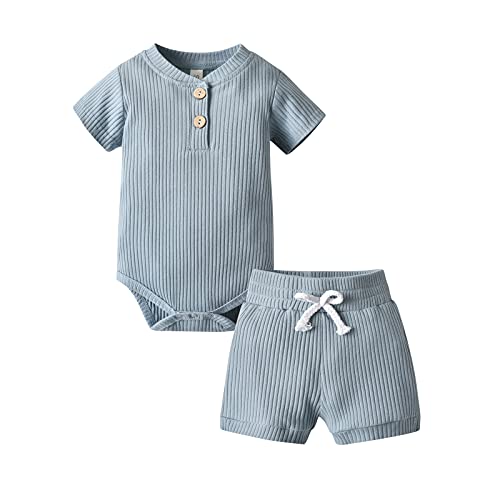 Fupality Babykleidung Neugeborene Jungen Mädchen Kleidung Einfarbig Baumwolle Unisex Baby Kurzarm Tops Shorts Outfits Blau-1 （0-3 Monate）, 140 von Fupality