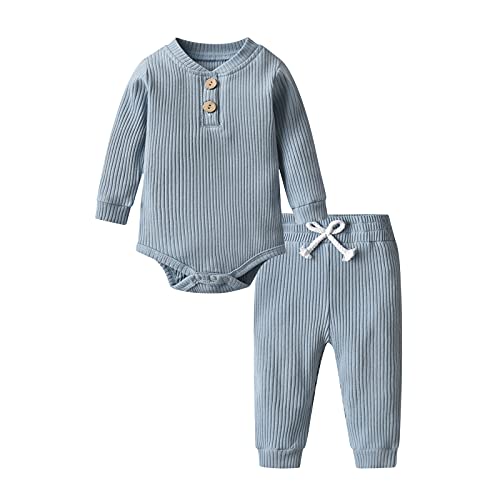 Fupality Babykleidung Neugeborene Jungen Mädchen Kleidung Einfarbig Baumwolle Unisex Baby Langarm Hosen Top Baby Outfits Blau （3-6 Monate） von Fupality