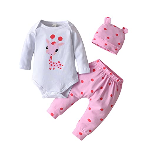 Fupality Neugeborenes Baby Mädchen Kleidung Sets Langarm Giraffe Print Top Hose mit Hut Baby Outfits Set Rosa （6-9 Monate） von Fupality