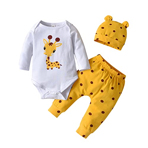 Fupality Neugeborenes Baby Mädchen Kleidung Sets Langarm Giraffe Print Top Hose mit Hut Kleinkind Outfits Set Gelb （3-6 Monate） von Fupality