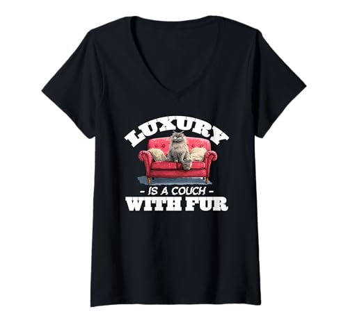 Damen Luxury is a couch with fur T-Shirt mit V-Ausschnitt von Fur Luxury Couch Cat Cats Kitten Feline Whiskers