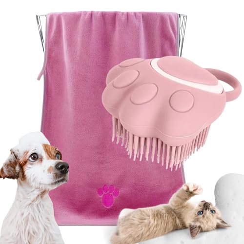 FurFurina® | 2-in-1 Pflege-Set für Haustiere | Badebürste mit Shampoo-Behälter | Handtuch 75x35cm saugfähig | Grün, Mikrofaser und Silikon | Reinigung, Trocknung und Massage für Hunde und Katzen |Rose von FurFurina
