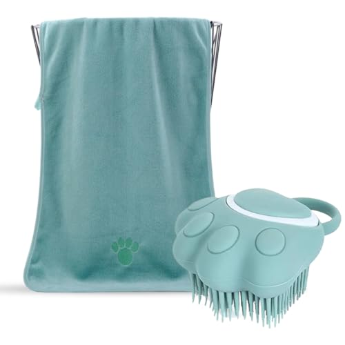 Pflege-Set für Hunde und Katzen, 2-in-1, weiches Mikrofaser-Handtuch und Silikonbürste mit Shampoobehälter, Massage und schnelltrocknend (grün) von FurFurina