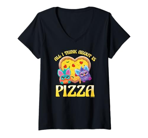 Damen Furby All I Think About is Pizza! Happiest Duo Loving Pizza T-Shirt mit V-Ausschnitt von Furby