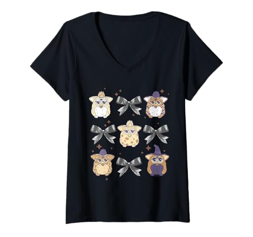 Damen Furby Halloween Cute Witches and Black Bows Retro Collage T-Shirt mit V-Ausschnitt von Furby