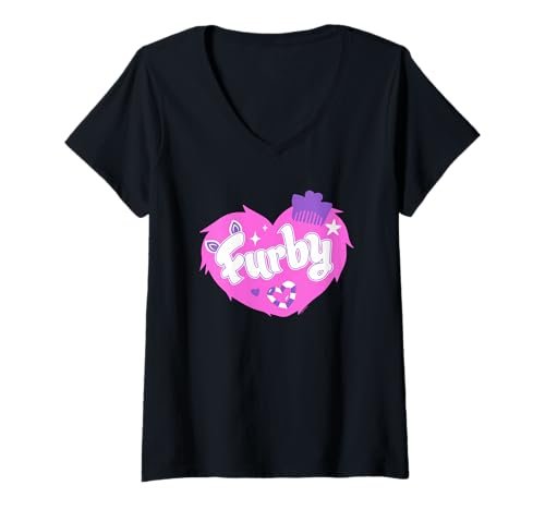 Damen Furby Lovely Heart Shape Pink Fur T-Shirt mit V-Ausschnitt von Furby