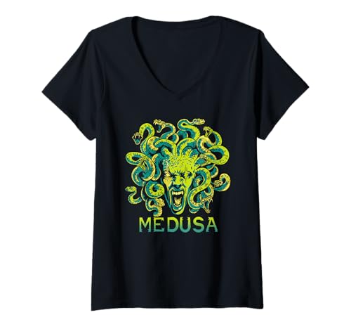 Damen Medusa Gorgone Monster Mythos Kraft Gesicht T-Shirt mit V-Ausschnitt Damen Medusa Gorgone Monster Mythos Kraft Gesicht T-Shirt mit V-Ausschnitt von Furchtlose Schlangenkönigin Legende