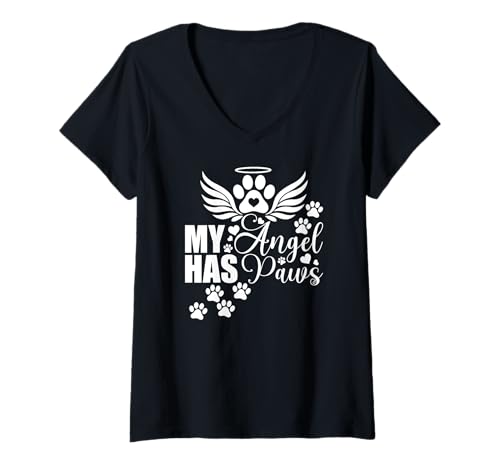 Damen My Angel Has Paws Rainbow Bridge Hundeliebhaber T-Shirt mit V-Ausschnitt Damen My Angel Has Paws Rainbow Bridge Hundeliebhaber T-Shirt mit V-Ausschnitt von Furever in My Heart Dog Memorial