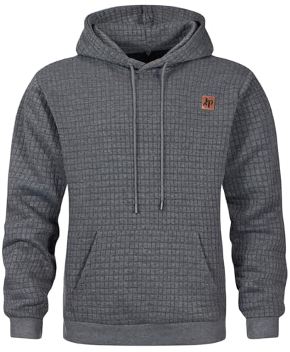 Furpazven Hoodie Herren Pullover Sweatshirt Jacquard Langarm Casual Kapuzenpullover Plaid Sweatjacke Kordelzug Kapuze mit Tasche Dunkelgrau L von Furpazven