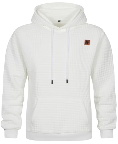 Furpazven Hoodie Herren Pullover Sweatshirt Jacquard Langarm Casual Kapuzenpullover Plaid Sweatjacke Kordelzug Kapuze mit Tasche weiß L von Furpazven