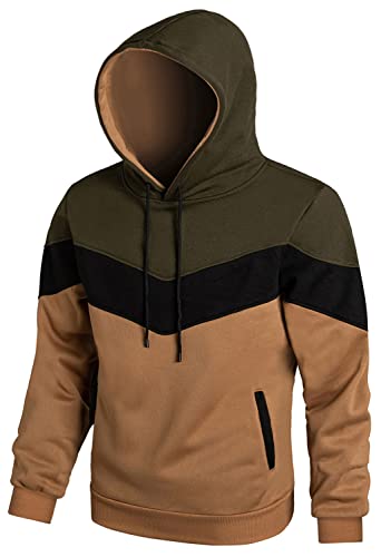 Hoodie Herren Pullover Sweatshirt Farbblock Vlies Langarm Kapuzenpullover Sweatjacke mit Tasche Grün Schwarz Khaki XXL von Furpazven