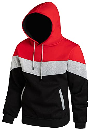 Hoodie Herren Pullover Sweatshirt Farbblock Vlies Langarm Kapuzenpullover Sweatjacke mit Tasche Rot Grau Schwarz XXL von Furpazven