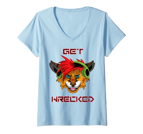 Damen DJ-Kopfhörer Get Wrecked Fursuit Fox Wolf Furry T-Shirt T-Shirt mit V-Ausschnitt von Furry Fandom Shirt by Crush Retro