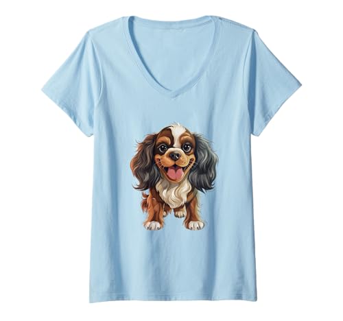 Damen Niedliche Cavalier King Charles Spaniel Illustration T-Shirt mit V-Ausschnitt Damen Niedliche Cavalier King Charles Spaniel Illustration T-Shirt mit V-Ausschnitt von Furry Friends Collection