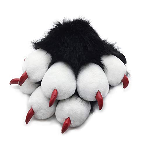 Furryvalley Fursuit Pfoten Handschuhe Kostüm Pelzigen Teilweise Cosplay Flauschige Löwe Bär Requisiten für Kinder Erwachsene (Schwarz Weiß) von Furryvalley